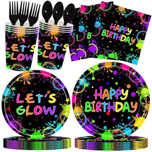 100pcs Glow-In-The-Dark Party Supplies Set, Includes Plates, Napkins, Cups, Forks, Spoons, Neon Party Decorations, for 16 People