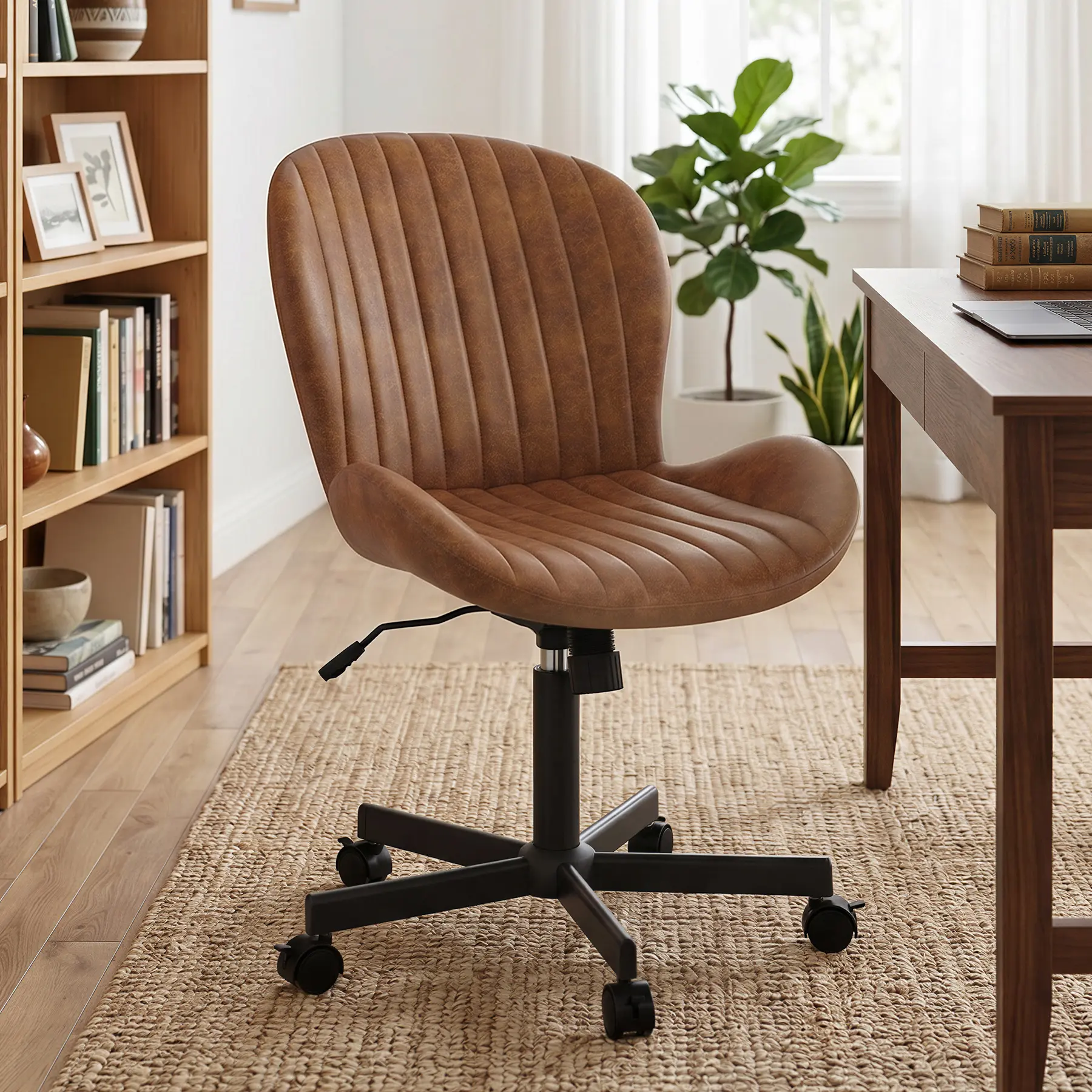Armless Office Chair, PU Leather Office Chair with Wheels & Adjustable Height, Swivel Rocking Computer Chair, Ergonomic Soft Padded Office Chairs for Small Space, Study and Vanity, Brown 1PC