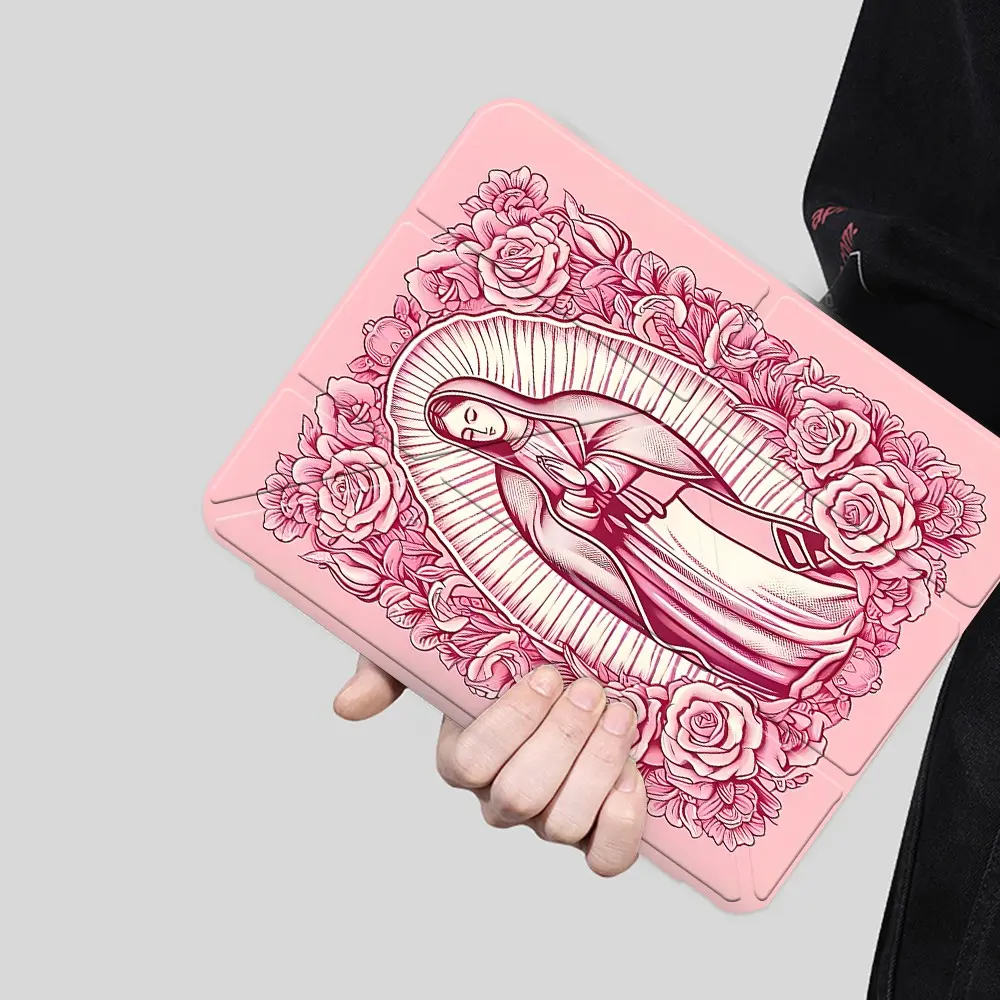 Pink Virgin Mary iPad protective case, Durable Cover, Cover Protector, transparent acrylic Y folding stand suitable for all models of iPad including 7.9/10.2/10.5/10.9/11/12.9 inch, featuring all-round protection against scratches and impacts, great gift