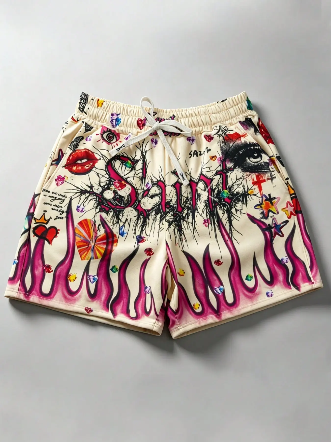 Unisex Y2K Eye & Flame Print Drawstring Waistband Shorts, Summer Beach Shorts, European and American Fashion Trendy Outdoor Shorts, Casual Shorts, Street Style 2026 Bottoms