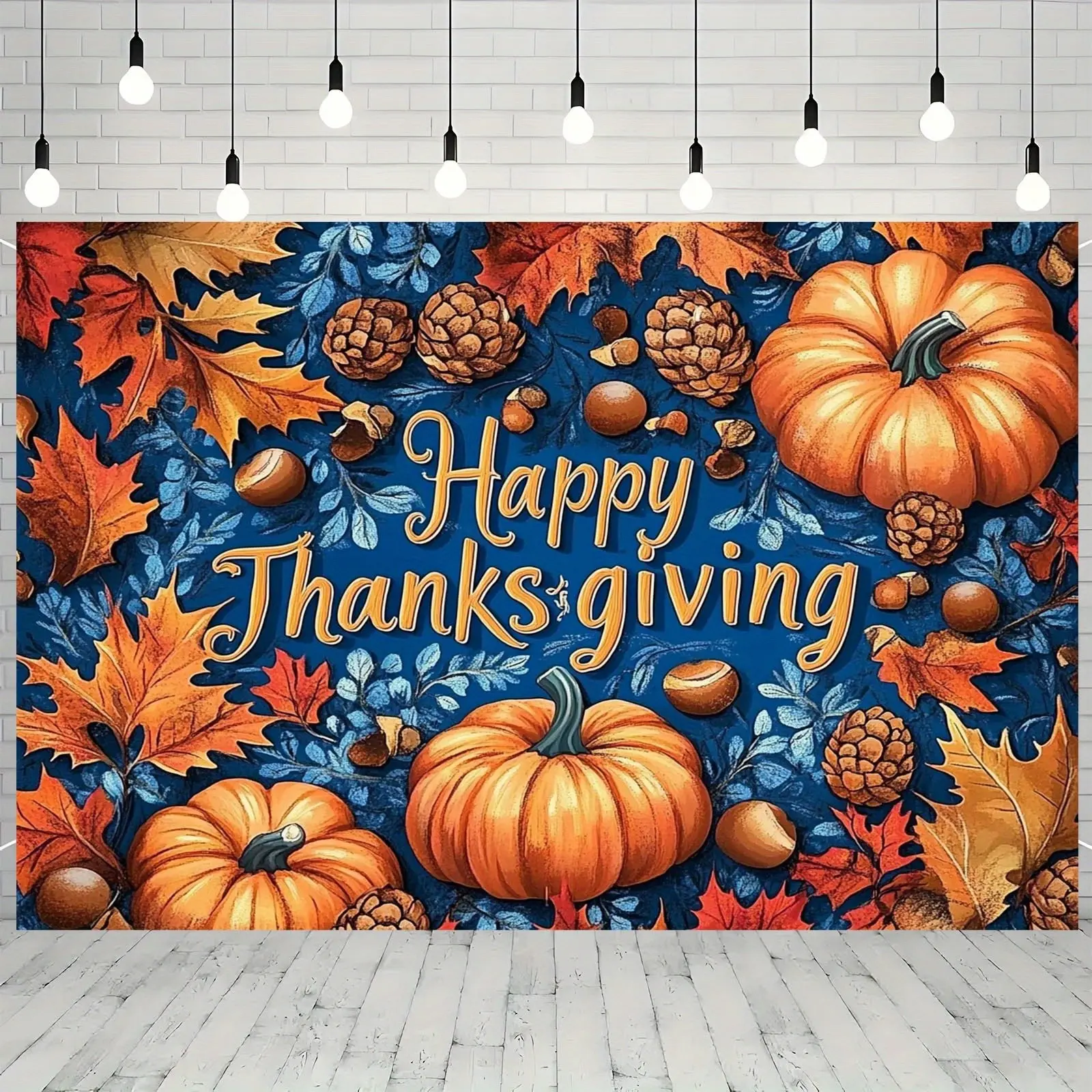 Warm Autumn Thanksgiving Polyester Backdrop-Banner, Vibrant Pumpkins, Colorful Maple Leaves, Pinecones, Nuts, "Happy Thanksgiving" Lettering, Suitable for Indoor-Outdoor Holiday Party Decor, Ideal Gift, Banners, Anniversary Gift, Geometric