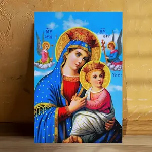 1pc Ethiopian Orthodox Our Lady of Glory Cotton Canvas Wall Art - Lightweight Wooden Frame Sacred Religious Poster with Virgin Mary & Jesus, Vibrant Blue & Golden Minimalist Christian Icon for Living Room, Church Decor - Gift for Easter, Christmas