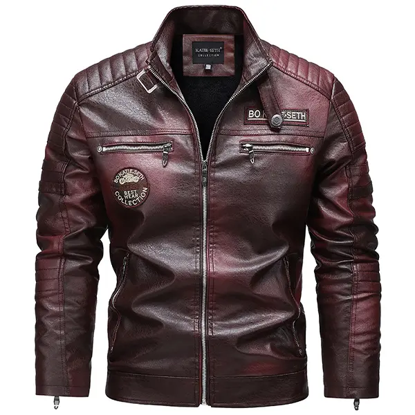 Men's Fashion Menswear Wine Red PU Leather Motorcycle Jacket - Quilted Details, Multiple Zippers, Casual Plain Stylish Biker & Street Style Coat, Leather Jacket, Long Sleeve, Tops, Trending, Jackets