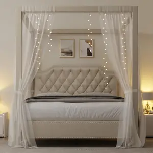 Queen Size Upholstered Canopy Metal Wood Bed Frame w/ Headboard Button Tufted, Nailhead Trim Design, No Box Spring Required, Dark Gray, Beige