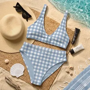 Soft Blue Gingham Coquette Swim Set, Eco-Friendly Recycled High-Waisted Bikini, UPF 50+ Sun Protection, Farm Picnic Style, Coastal Cowgirl