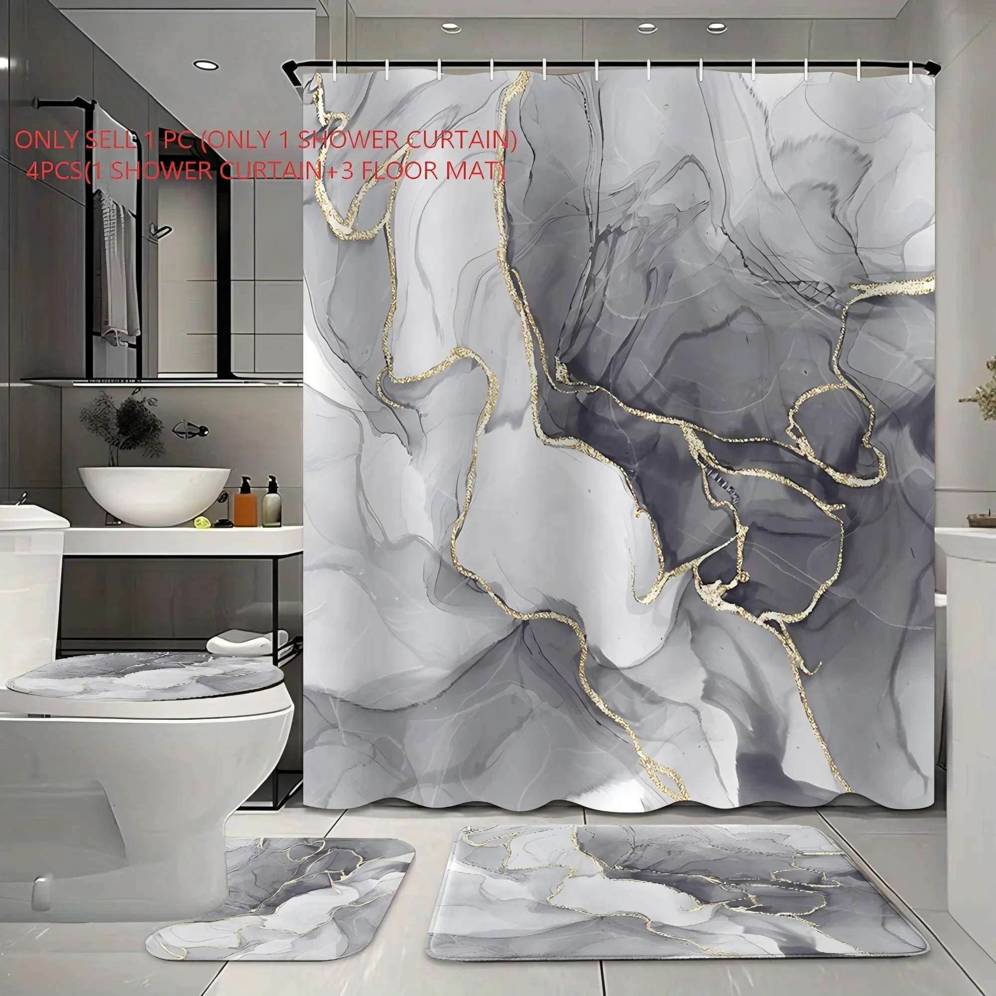 1pc/4pcs, bathroom curtains shower, bathroom set, shower curtains, Decorative Shower Curtain, Aesthetic Shower Curtain, bathroom decor, bathroom rug, bathroom mat, gray marble pattern, modern luxury theme decoration, with 12 hooks, Restroom
