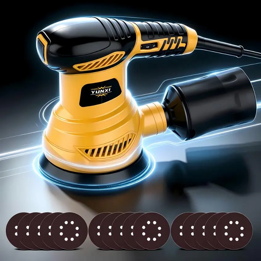 YUNXI 3.0A Random Orbital Sander, 6 Variable Speed 6000-12000RPM Electric Sander with Dust Collection Bag & Sanding Discs, Handheld Power Orbital Sander for Wood Sanding, Furniture Polishing, DIY Woodworking