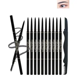 12Pcs Waterproof Black Eyebrow Pencil Set, Professional Brow Micro Eyebrow Retractable Pencil, Ultra Fine Long Lasting for Perfect Eye Liner Brows Women Eye Makeup Shaping & Filling Brow Gel Pen- 01