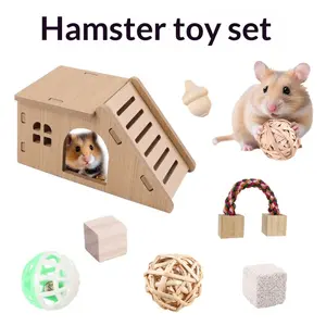 11-Piece Hamster Chew Toy Set, Natural Wooden Hamster House, Durable Chew Gnawing Toys for Hamsters, Gerbils, Mice, Small Animal Playground