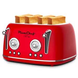type 4 Slice Retro Style kitchen Toaster, fits anywhere ,Dual Control Toaster with Warming Rack, 6 Browning Settings, Bagel/Defrost Functions, Removable Crumb Tray, Stainless Steel Housing, Red bread  toaster bread maker machine toaster kitchenware