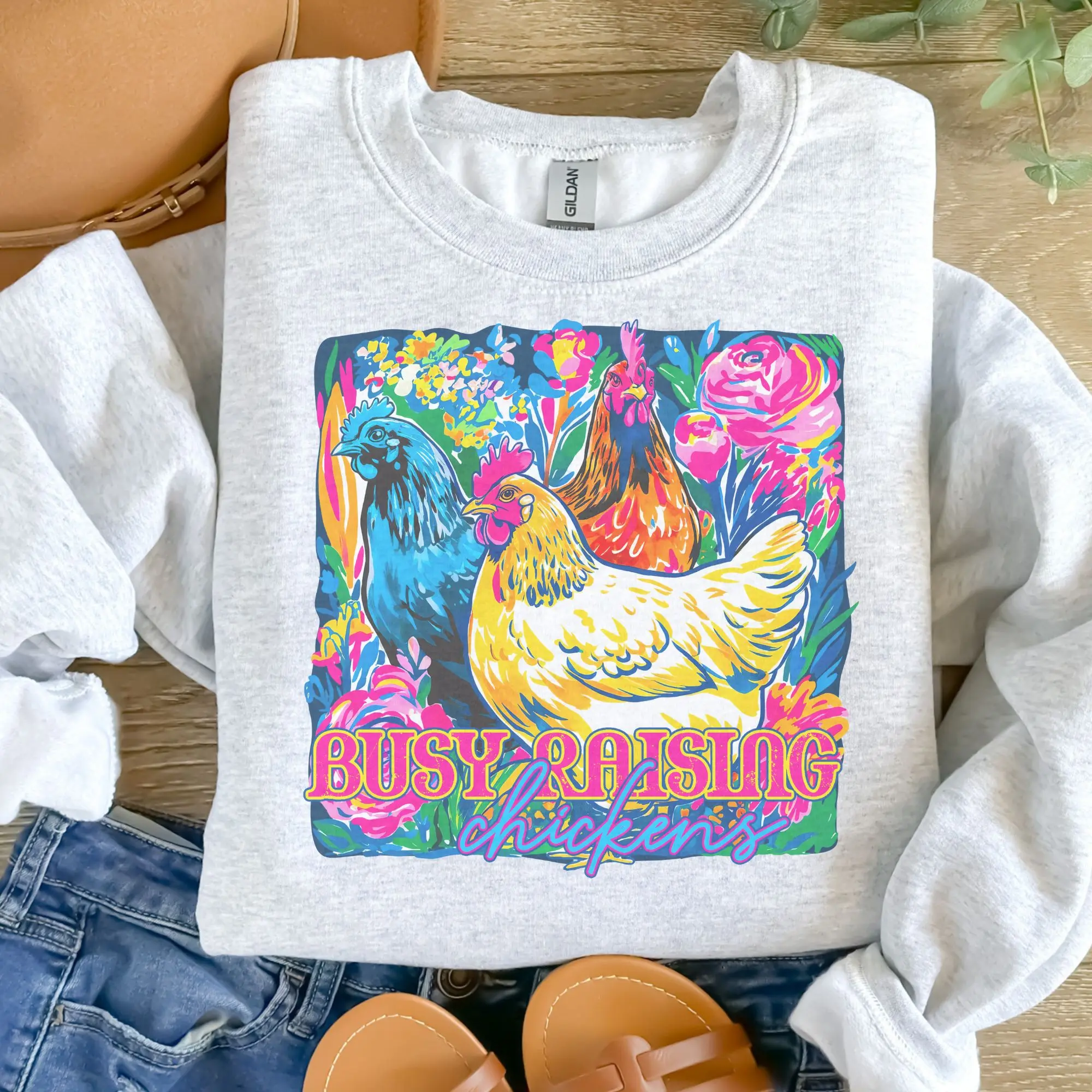 Busy Raising Chickens Sweatshirt Ash Grey Unisex Jersey Sublimation Vintage Style Comfortable Everyday Wear