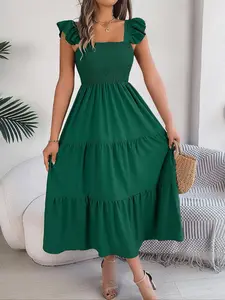 Women's Plain Ruffle Hem Shirred Tiered Layer A Line Dress, Casual Butterfly Sleeve Square Neck Long Dress for Summer, Ladies Clothes for Beach Holiday Vacation, Casual Wear Womenswear Casual Boho Chic, Casual Boho Frill
