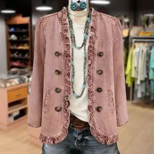 Cherrybetty 100%Cotton Solid Ruffle Trim Denim Jacket Windbreaker  Womenswear Coats Tops Outerwear Spring Fashion Outfit Inspo Plus Size Tiktok Shop Spring Glow Up