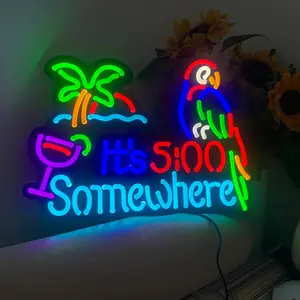 Jigsaw Puzzle 40 count IT'S 5:00 FIVE OCLOCK SOMEWHERE Neon Light Sign, Man Cave Men LED Light,  Wall Signs Gifts, Decorations, Palm Tree, Beach, Sun, Tiki , Garage, Accessories, Cart, Party, Bedroom, Led Sign, Lights