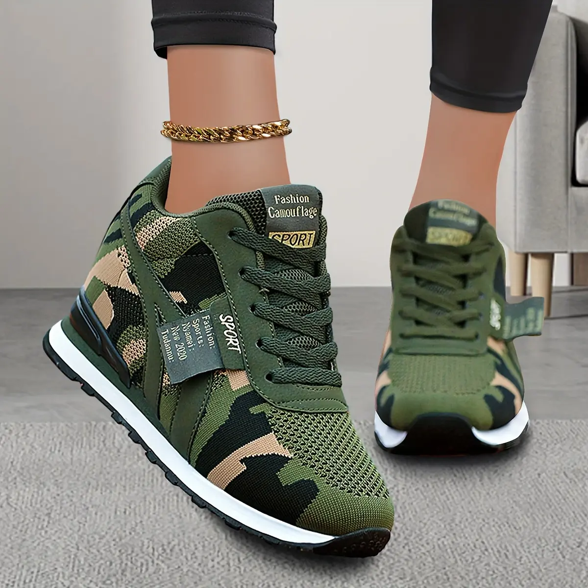 Women's Camo Height-Increasing Sneakers Slip-On Lace-Up Low-Top Comfort Lightweight Breathable Sporty Casual Shoes with Hidden Lift All-Season Green Camouflage Design EVA Material womens