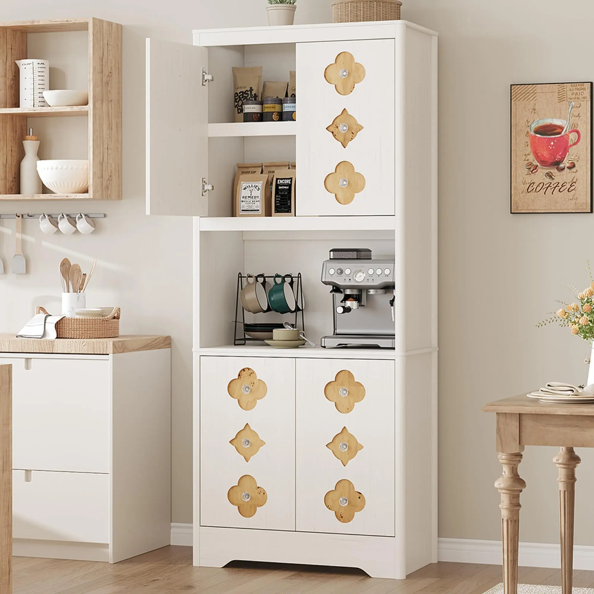 Garvee Sturdy Engineered Wood 72in Tall Kitchen Pantry Cabinet, 16x30x70in Freestanding Cupboard with Carved Door, Crystal Handle, Open Shelves, Anti-Tip Kits, Child-Safe Rounded Edges, 150lbs, for Dining Room, Antique White, French Country
