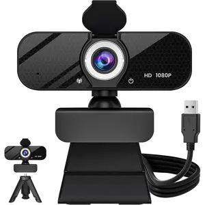 1080P  Webcam with Built-in Microphone, Rotatable Tripod, Wide-Angle Lens, Cover, Auto Light Correction, Plug & Play USB-A Webcam for Laptop, Desktop, PC, Streaming-Black