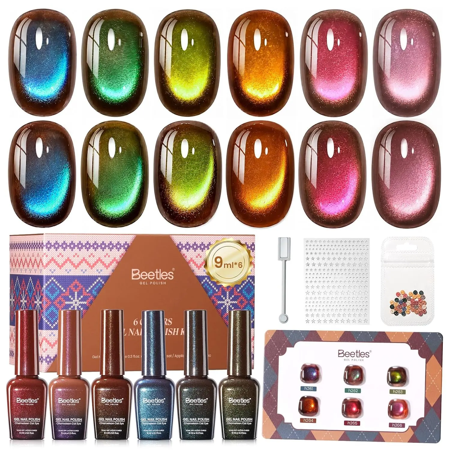 Beetles Mocha Sweater Cat Eye Gel Nail Polish Set, 6 Colors 9ml Fall Gel | Brown-Based Iridescent Cat Eye Gel Kit Magnetic Effect, Button Charms & Star Stickers & Magnet, Soak Off UV Salon at Home