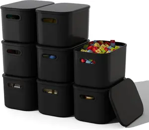 6 Pack Black Storage Bins with Lids Stackable Storage Container for Organizing, Black Storage Boxes with Handle for Shelves, Cute Organizer Bins for Craft, Snacks