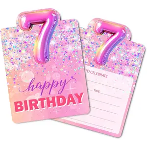 Birthday Invitations, Pink 7th Birthday Invitation Cards with Envelopes (30 PACK), Rainbow Foil Fill-in Invites for Girls Kids Seventh Party Supplies Decorations Favors