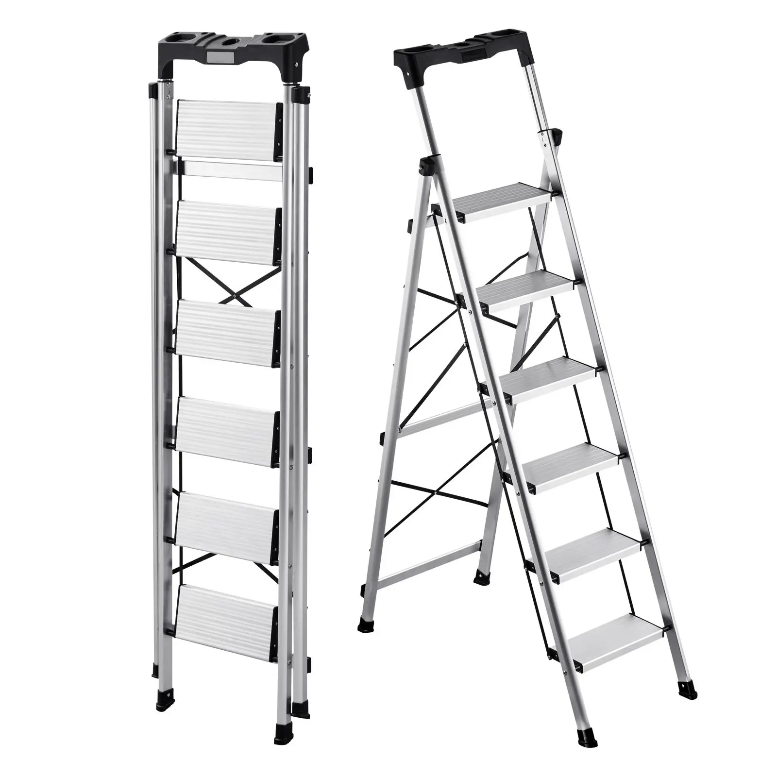 VEVOR 6-Step Aluminum Ladder, Compact Fold Portable Step Stool with Wide Anti-Slip Pedals, Comfort Handgrip, PVC Feet, Storage Tray, 330lbs Load Capacity, for Kitchen, Household, Office#BacktoSchool