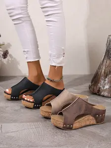 Women's Studded Cork Wedge Mules 2026, Open Toe Platform Slide Sandals, Bohemian Casual Footwear, Artificial Leather, Less Than Ankle Height
