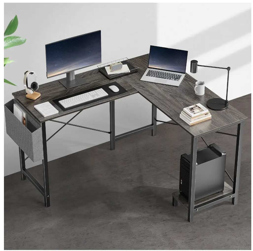 L Shaped Computer Desk with Wooden Desktop CPU Stand Side Bag Reversible, Grey Dual Monitor Riser Dual Monitor Arms
