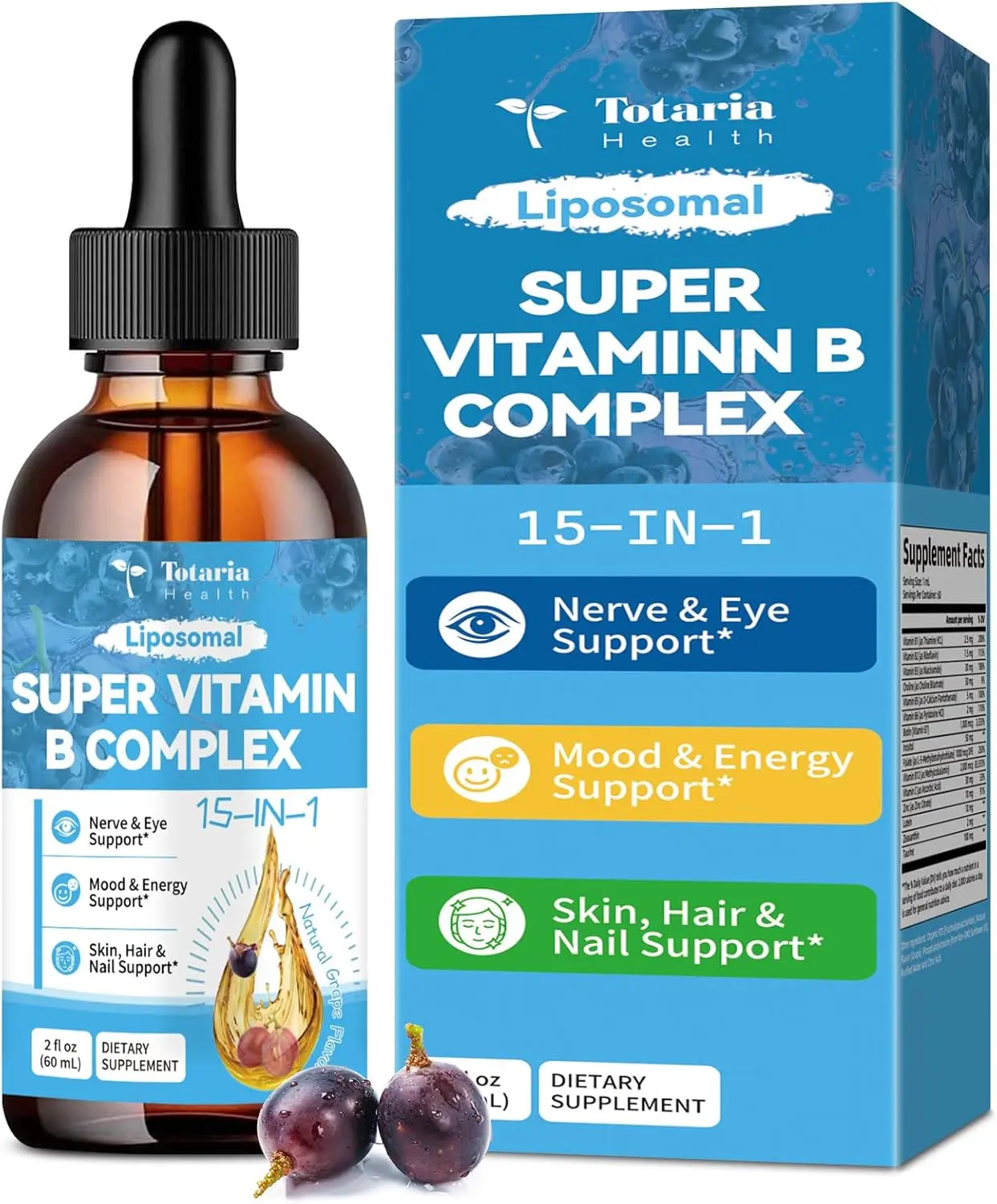 Totaria Liposomal Super Vitamin B Complex Pro 15-in-1 with B1-B7, Folate, B12, Zinc, Lutein, Zeaxanthin, Taurine, Vitamin C for Energy & Antioxidant Support 2 fl oz - Fitness, Healthcare