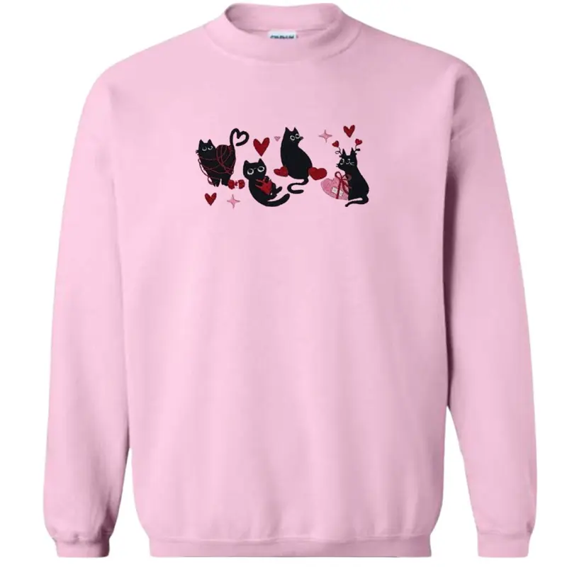 Black cat hearts embroidered sweatshirt, Valentine’s day black cat sweatshirt