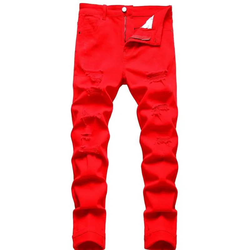 YYW1 NewMen's red ripped casual jeans stretch pants Cotton Streetwear skinny jeans baggyjeansmen st patty's outfit
