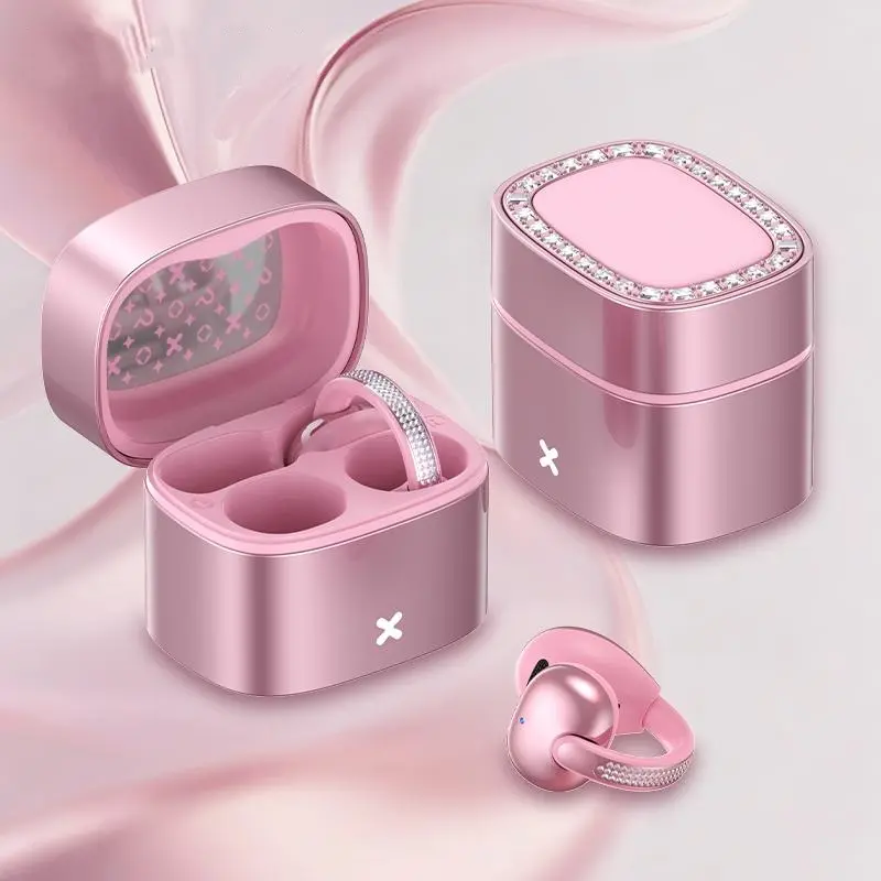 C05 Clip-On Wireless Headphones - Bluetooth 6.0 OWS Open-Ear Air Conduction Audio Electronic, Luxury Pink Diamond Jewelry Design, Lightweight Comfortable Fit, Mobile Compatible for Women, Gifts for Girly Girls
