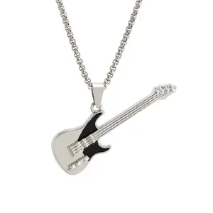 European & American Popular Hip Hop Rock Music Guitar Pendant Necklace, Birthday Jewellery Gift, Unisex Casual Street Dance Titanium Steel Durable Long Sweater Chain