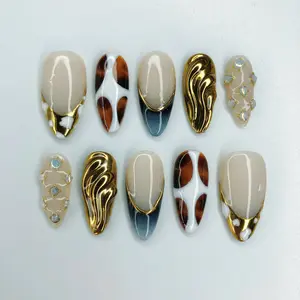 Chic Nail Studio Luxury Press-On Nails Collection | Nude Taupe Metallic Swirl Style | Elegant Handmade Nail Art | Acrylic Press On Nails | Reusable Nail Set 10 PCS | High Quality Custom Press Ons