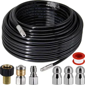 Sewer Jetter Kit for Pressure Washer -100 ft Hose, 1/4 Inch NPT, Drain Cleaning Hose, Button Nose & Rotating Sewer Jetting Nozzle, Orifice 4.0, 4.5, 5.5, 5800 PSI