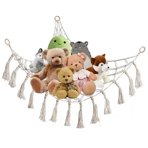 60in Plush Toy Hammock Boho Stuffed Animal Corner Hanging Net Practical Cotton Organiser for Bedroom & Nursery Decoration