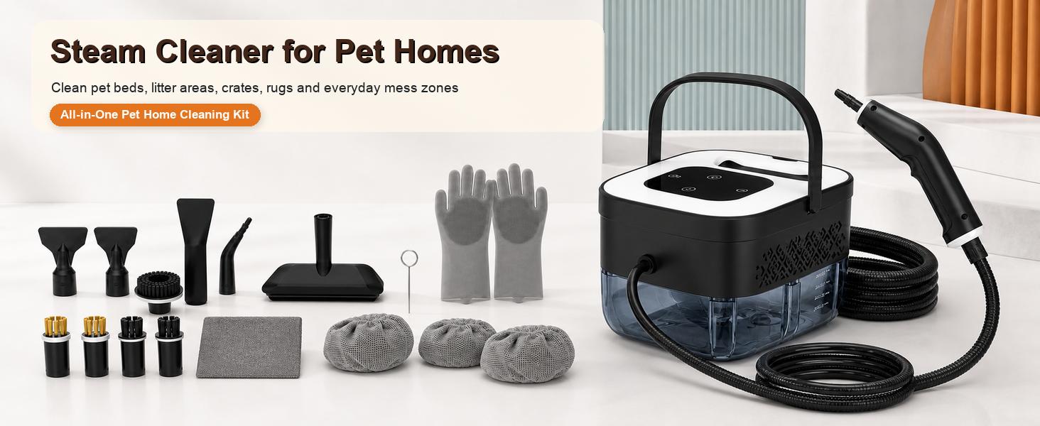 ECORUI Portable Steam Cleaner for Pet Homes, 221°F High-Temperature Handheld Steamer with 15-Second Heat-Up, 6 Steam Levels, 18 Attachments for Litter Boxes, Floors, Crates, Feeding Areas & More