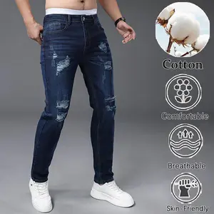 Men's Blue Ripped Jeans | Cotton Skin-Friendly Jeans | Distressed Destroyed Trousers for Streetwear & Casual Outfits