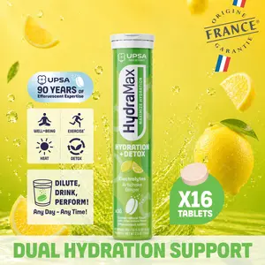 HydraMax Hydration + Detox Effervescent Tablets – Electrolytes with Artichoke, Ginger, Magnesium, Gut Health Support, Lemon Flavor, 16 Tablets, Daily Supplement, Multivitamin