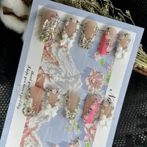 Handmade Coffin Press On Nails with 3D Rhinestones, Butterflies & Flowers - 10 Pcs, Pink and White, Daily Wear, Long, Short Nails press-on