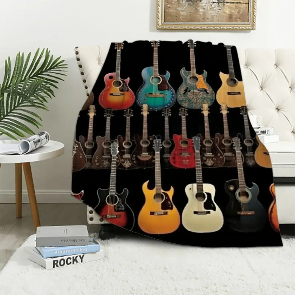 Vintage Guitar Collection Fleece Throw Blanket - Soft, Cozy, Wrinkle Resistant, Fading Resistant - Colorful Acoustic Guitar Design - Ideal for Music Lovers, Couch - Father's Day Music Gifts for Watch Party Use