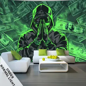 Glow-in-the-Dark Money Prayer Tapestry - Large Fluorescent Print Wall Hanging with Hooded Figure & Cash Design, Perfect for Bedroom, Party Decor, and Home Accent - Easy Install, No Power Needed, Bedroom Decor