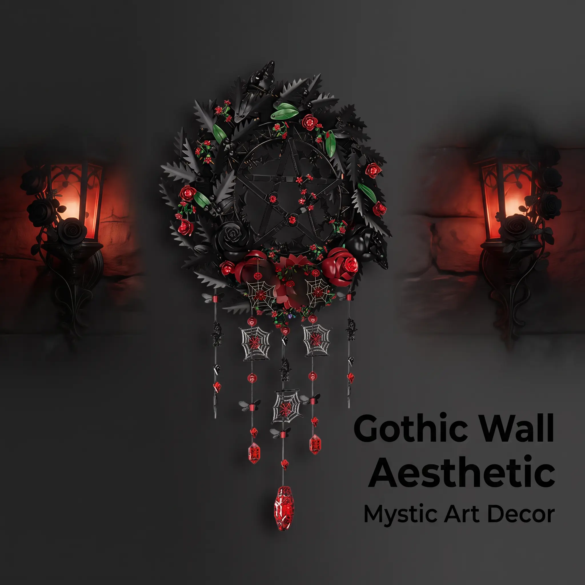 Gothic Pentagram Rose Wreath Building Blocks Set, Dark Aesthetic Hanging Garland Brick Kit with Spider Web & Red Crystal Pendant, Wall Decor Art Model Gift for Adult Collectors, 1393 PCS