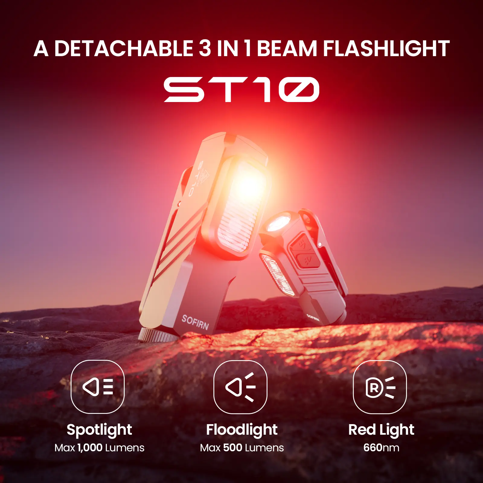Sofirn ST10 EDC Clip-On Flashlight, 1000-Lumen Rechargeable 660nm Deep Red LED, IPX6, Multi-Mode Dual-Switch, Compact Magnetic Pocket, USB-C 2-in-1 Charging, Outdoor Bike Headlight for Camping Gear, Cycling