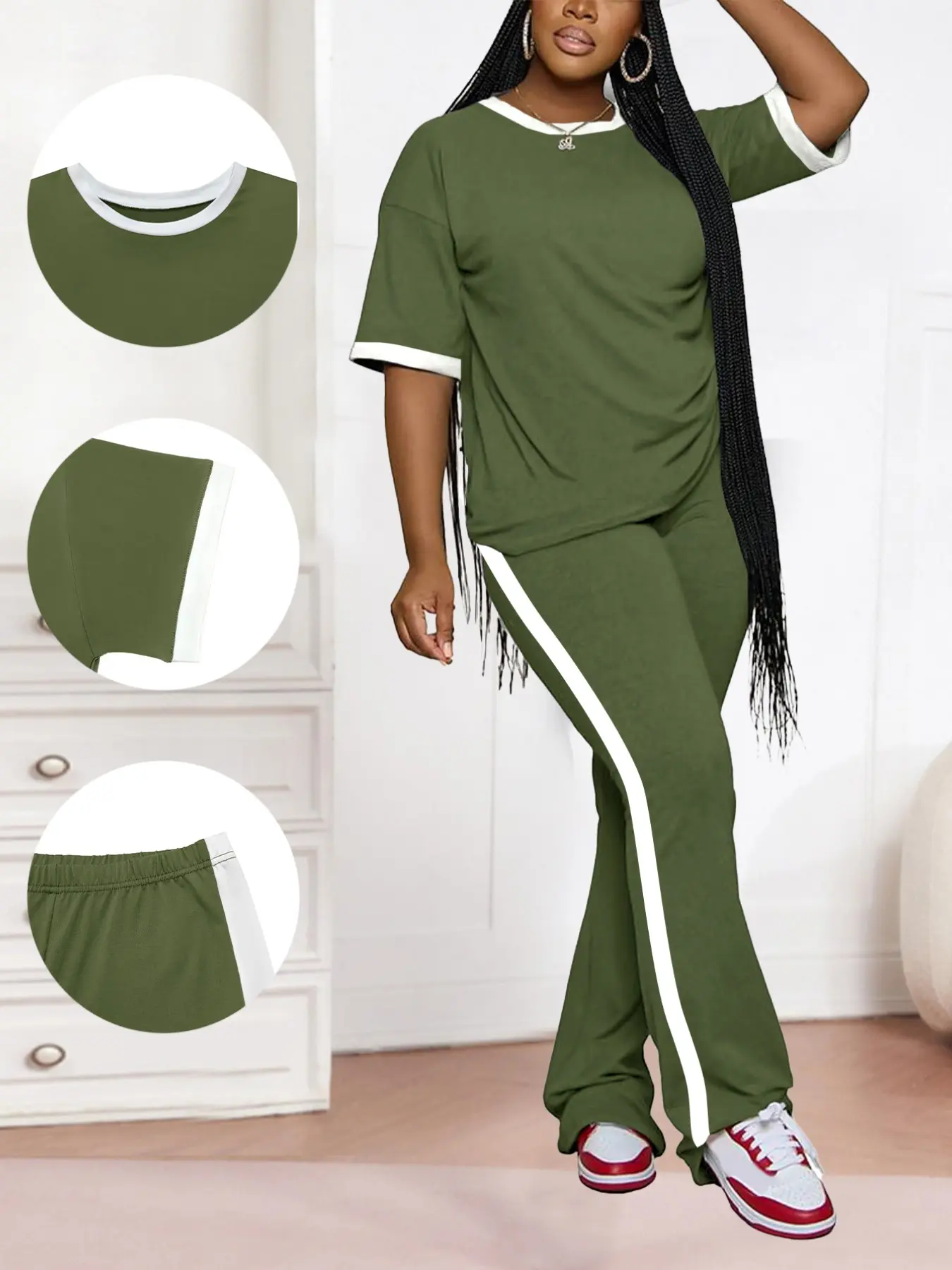 Women's Solid Color Short Sleeve Two-Piece Set, Casual Round Neck T-Shirt and Long Pants for Everyday Wear, Fall & Winter Fashion