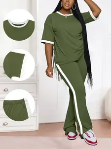 Women's Striped Sportswear Set, Loose Short Sleeve Top & High Waist Pants Two-Piece, Casual Fashion Daily Comfortable Tracksuit Matching Set Workout Sets, Sweatsuit Set Outfit, Casual Summer Tracksuit