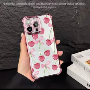 Elegant cherry pattern phone case, four corner airbag anti drop protection, anti yellowing electroplating ultra-thin TPU material, suitable for iPhone 17Pro Max Air 16 15 Plus 14 13 12 11 XR XS and Samsung Galaxy S25 S24 S23 S22 phone cases. 006