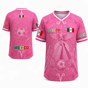 2026 Mexico Soccer Jersey for Men & Women – Bright Pink Retro Football Shirt with Aztec Calendar, Mayan Pyramid & Eagle Design – V-Neck Jersey for Mexican Fans