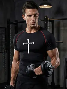 Men's Nail Cross Print Short Sleeve Compression Shirt, Gym Workout Fitness Running T-Shirt Tees, Tight-Fitting Sporty Rash Guard Baselayers Undershirts, Summer Quick-Dry Breathable Round Neck Shirt, Compression Sports Tee, Fitness Top