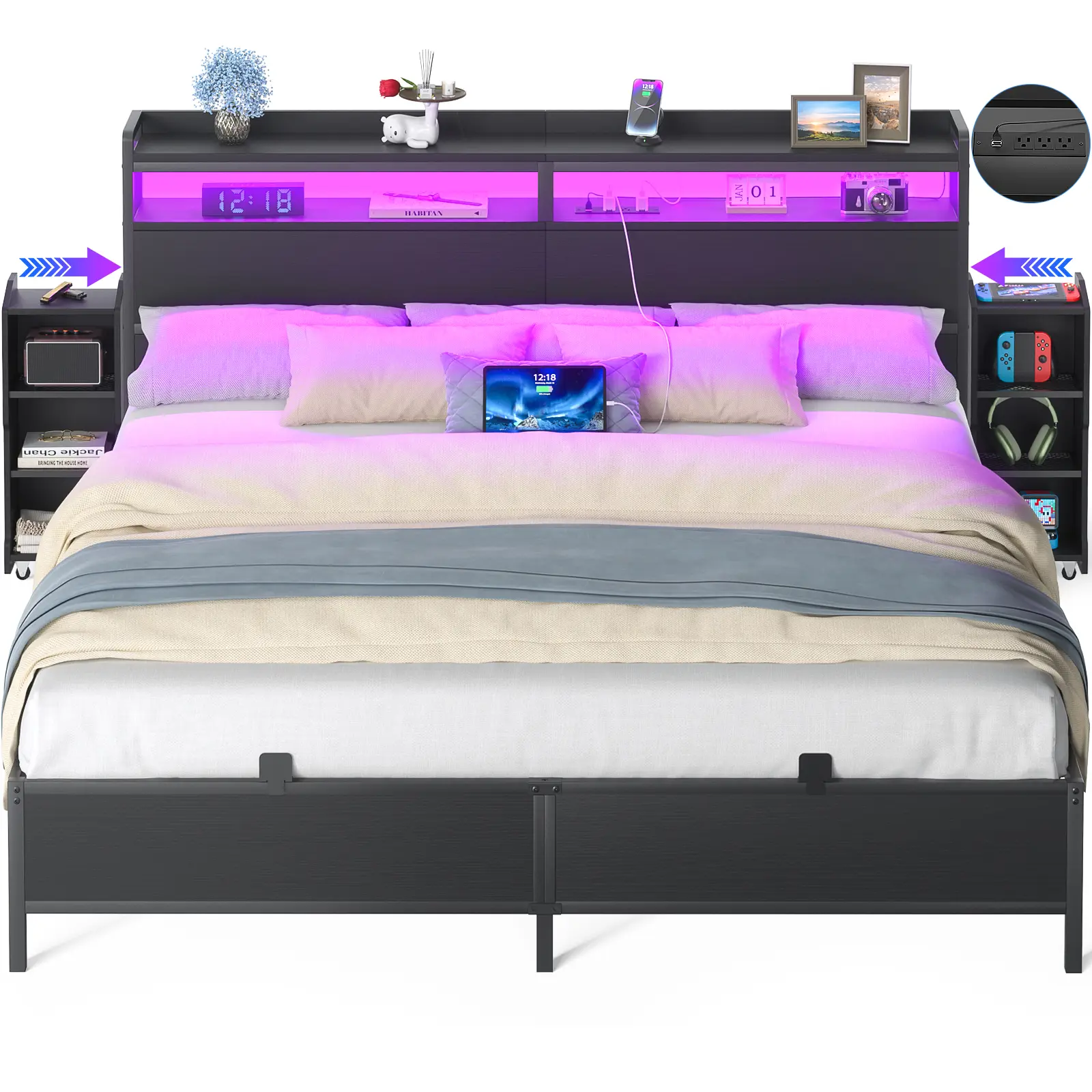 Homieasy King Size Bed Frame with Bookcase Storage Headboard and LED Light, King Bed with Slide Out Bedside Cabinet and Power Outlet, Black Oak