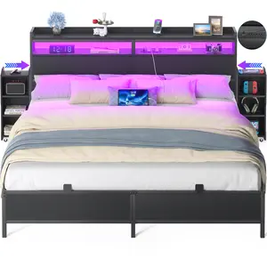 Homieasy King Size Bed Frame with Bookcase Storage Headboard and LED Light, King Bed with Slide Out Bedside Cabinet and Power Outlet, Black Oak
